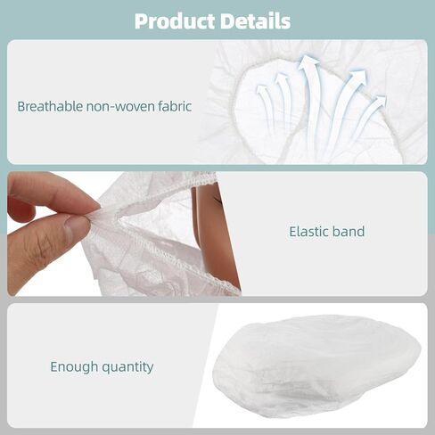 100 قطعة من شبكات اللحية والشعر للاستعمال مرة واحدة، قبعات منتفخة للاستعمال مرة واحدة، غطاء رأس غير منسوج خفيف الوزن، شبكة شعر صحية وغطاء لحية، شبكات شعر مسامية لخدمة الطعام، مختبرات، أبيض in Kuwait