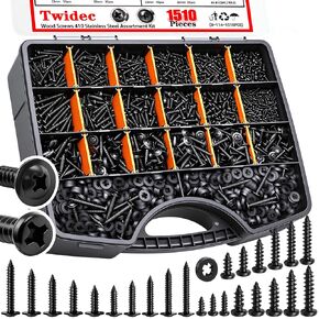 Twidec/1510PCS Wood Screws 410 Stainless Steel Assortment Kit,M2 M3 M4#8#10 Pan Head Wood Screws,Truss Head＆Pan Head Black Self Tapping Screws Set Length(6mm-32mm) for Indoor Furniture,Woodworking in Kuwait