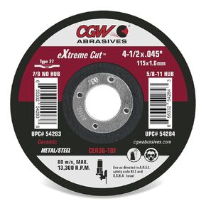 CGW Abrasives Extreme Cut Ceramic Cutting Wheels - 54287-6 X.045X7/8 T27 CER36-T-BF - (25 Pack) in Kuwait