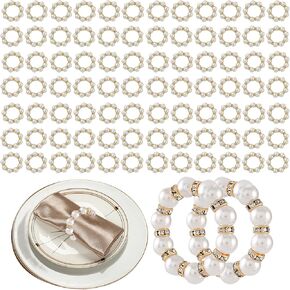 120PCS Gold Pearl Napkin Rings, Rhinestone Beaded Elastic Napkin Ring Holders for Cloth Napkins, Elegant Wedding Reception Table Decor for Bridal Shower, Thanksgiving, Christmas Dinner Parties in Kuwait