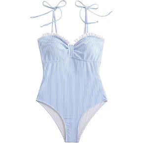بدلة سباحة نسائية من قطعة واحدة مخططة بربطة عنق من Verdusa، صدرية مكشكشة، بدلة استحمام للعطلات الصيفية in Kuwait