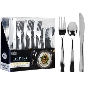 أدوات مائدة بلاستيكية فضية الوزن للغاية، أدوات مائدة للاستعمال مرة واحدة، مجموعة أدوات مائدة كاملة الحجم، فضي مصقول، 80 شوكة، 40 ملعقة، 40 سكينًا، عبوة اقتصادية تحتوي على 160 قطعة in Kuwait
