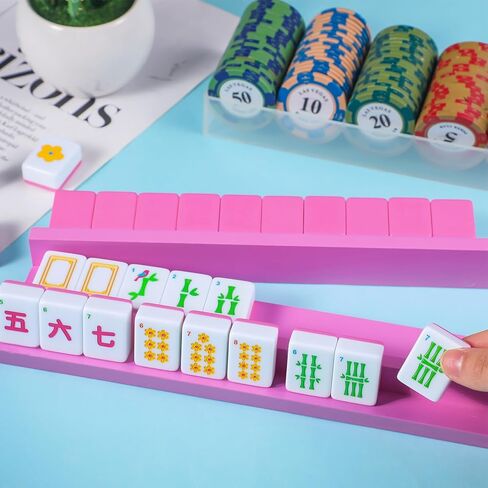 Leinuosen Wooden Mahjong Racks with Pushers 4 Set Magnet American Mahjong Tile Rack and Magnetically Attached Pushers Painted Tile Holders for Players Gift Family Game Night(Straight,Hot Pink) in Saudi Arabia