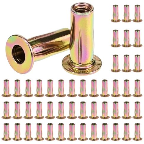 QWORK 5/16-18 Multi-Grip Rivet Nuts, 50 Pack Flat Head Threaded Insert Nut, Gold Zinc Finish, Pre-Bulbed Shank for for Construction Industrial in Saudi Arabia
