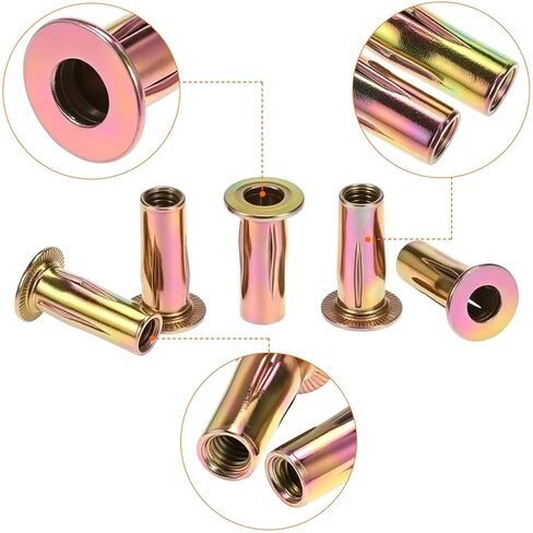 QWORK 5/16-18 Multi-Grip Rivet Nuts, 50 Pack Flat Head Threaded Insert Nut, Gold Zinc Finish, Pre-Bulbed Shank for for Construction Industrial in Saudi Arabia
