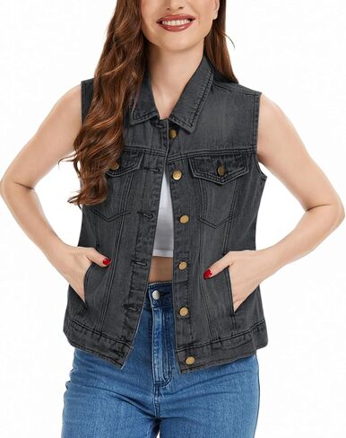 Women's Denim Vest Button Down Jacket W Chest Flap Pockets 2025 Washed Distressed Sleeveless Jean Jacket in Kuwait