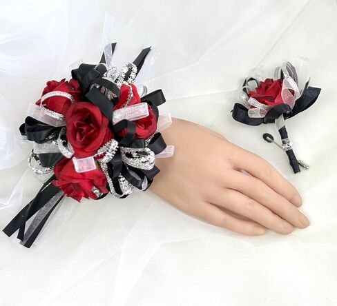 Ting & Cecilly Rose Wedding Corsage and Boutonniere Set, Floral Accessories for Wedding Flower Accessories Prom Suit Decorations (Black & White) in Saudi Arabia