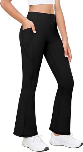 Girls Flare Leggings with Pockets High Waisted Bootcut Kids Yoga Pants Dance Workout Athletic Bell Bottoms in Kuwait