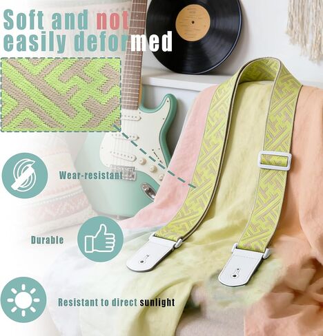 Guitar Strap, dopamine yellow youth modern fashion Cotton Guitar Strap with leather at both ends for bass, electric and acoustic guitars, comes with two strap anti-slip pads in Saudi Arabia
