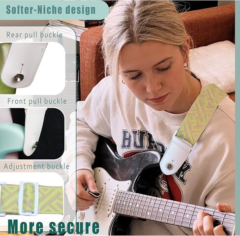 Guitar Strap, dopamine yellow youth modern fashion Cotton Guitar Strap with leather at both ends for bass, electric and acoustic guitars, comes with two strap anti-slip pads in Saudi Arabia