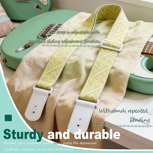 Guitar Strap, dopamine yellow youth modern fashion Cotton Guitar Strap with leather at both ends for bass, electric and acoustic guitars, comes with two strap anti-slip pads in Saudi Arabia