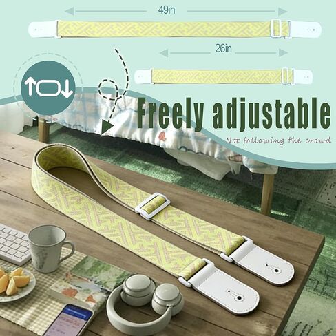 Guitar Strap, dopamine yellow youth modern fashion Cotton Guitar Strap with leather at both ends for bass, electric and acoustic guitars, comes with two strap anti-slip pads in Saudi Arabia