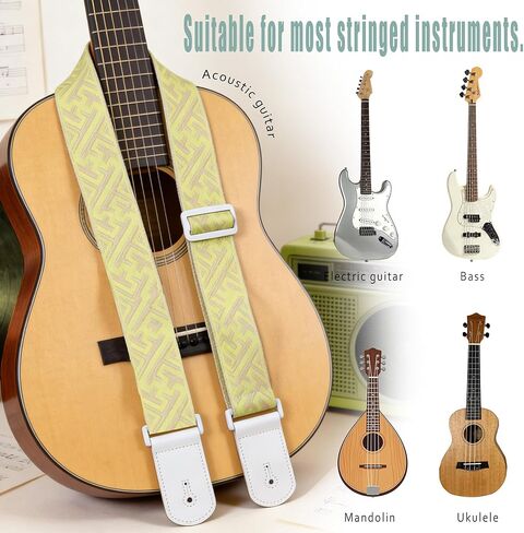 Guitar Strap, dopamine yellow youth modern fashion Cotton Guitar Strap with leather at both ends for bass, electric and acoustic guitars, comes with two strap anti-slip pads in Saudi Arabia