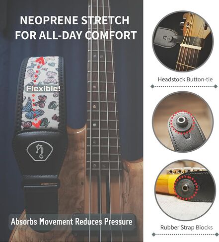 rockyou Zero-Gravity Stretch Guitar Strap -Special Butterfly Edition -Ergonomic Decompression Belt with Pick Holder -Fits All Guitars in Saudi Arabia