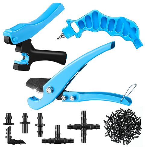 Feekoon Drip Irrigation Punch Hole Tubing Cutter Tools with Barbed Connectors, 2-in-1 Drip Tubing Hole Punch for 1/4 Inch Fitting 16 20 25 mm PE Pipe and Emitter(Blue,115 Irrigation Plugs) in Saudi Arabia