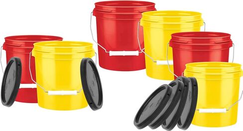 دلو بلاستيكي سعة 1 جالون من هاوس ناتشورالز، درجة طعام خالية من مادة BPA مع غطاء بلونين (عبوة من 6 قطع) صنع في الولايات المتحدة الأمريكية in Kuwait