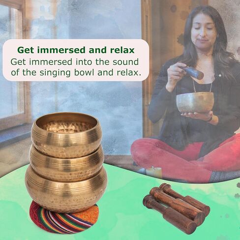 Tibetan Singing Bowl Set - Authentic Cuencos Tibetanos for Sound Healing, Meditation & Chakra Balancing - Includes Cushion, Mallet-Unique Spiritual Gifts for Women and Men (3 Chakra Set) in Saudi Arabia