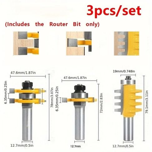 3 قطعة/المجموعة/مجموعة قاطع إزميل لأعمال النجارة، لقمة توجيه عرقوب 1/2 بوصة لنجارة لوح الأرضية الرقائقي in Kuwait