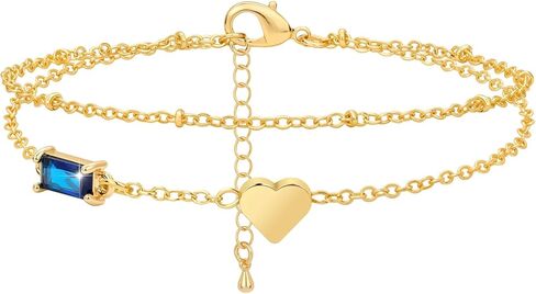 GolbalJew Birthstone Anklet with Heart Charm Layer Ankle Bracelet for Women, 14K Gold Plated Adjustable Chain Stackable Trendy Jewelry Gift for Her, Mom, Friend, Wife in Kuwait