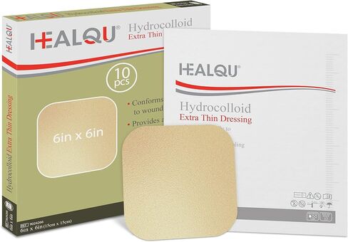 Healqu Hydrocolloid Wound Dressing - 6x6" Thin - Box of 10 Large Bandages - Sterilized Bordered Hydrocolloid Patches for Bed Sores, Abrasions, and More - Waterproof and Absorbent with Protective in Saudi Arabia