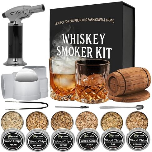 طقم مدخن الويسكي مع شعلة، مصفاة مدخن الكوكتيل للمشروبات القديمة، هدايا عيد ميلاد للرجال، له، هدايا الانتقال إلى المنزل، هدية للزوج، الأب، الصديق، 6 رقائق خشبية، بدون البيوتان in Kuwait