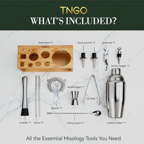 طقم نادل الكوكتيل من TNGO - طقم بار ميكسولوجي مع حامل طبيعي - مجموعة أدوات بار منزلية ممتازة، جميع ملحقات البار تتضمن خلاط مشروبات، وخلاط، وجيجر، ومصفاة، وملعقة خلاط بار in Saudi Arabia