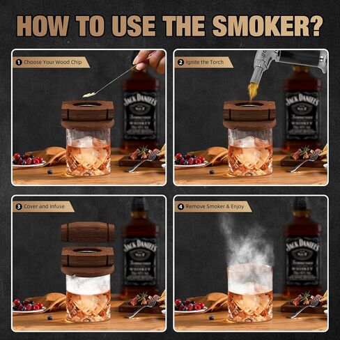 طقم مدخن الويسكي مع شعلة، مصفاة مدخن الكوكتيل للمشروبات القديمة، هدايا عيد ميلاد للرجال، له، هدايا الانتقال إلى المنزل، هدية للزوج، الأب، الصديق، 6 رقائق خشبية، بدون البيوتان in Kuwait