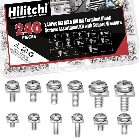 Hilitchi 240Pcs M3 M3.5 M4 M5 Battery Terminal Bolt Screws with Square Nuts 12 Sizes Carbon Steel Terminal Block Screws Assortment Kit Square Washers for Fixing Wires in Electrical Facilities in Saudi Arabia
