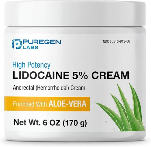 Puregen Labs 5% Lidocaine Numbing Cream Maximum Strength | Topical Anesthetic for Aches, Itching, Soreness, Burning - Enriched with Aloe-Vera | Made in USA | 6 Oz in Saudi Arabia