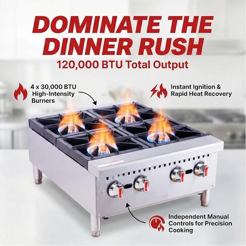 Commercial Gas Hot Plate 24 Inch, 4-Burner Countertop Range 120,000 BTU, Heavy Duty Stainless Steel Stove with Cast Iron Grates, NG/LP Convertible, ETL Listed for Restaurant in Kuwait