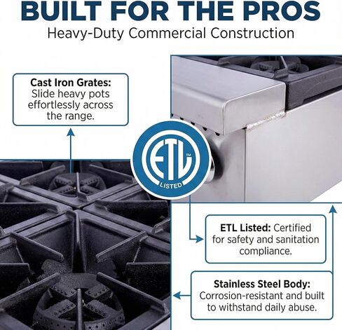 Commercial Gas Hot Plate 24 Inch, 4-Burner Countertop Range 120,000 BTU, Heavy Duty Stainless Steel Stove with Cast Iron Grates, NG/LP Convertible, ETL Listed for Restaurant in Kuwait