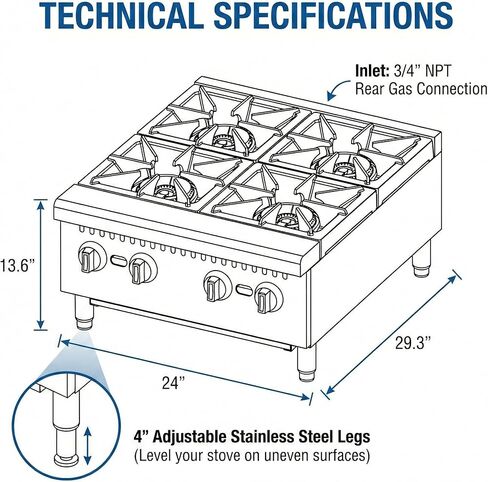 Commercial Gas Hot Plate 24 Inch, 4-Burner Countertop Range 120,000 BTU, Heavy Duty Stainless Steel Stove with Cast Iron Grates, NG/LP Convertible, ETL Listed for Restaurant in Kuwait