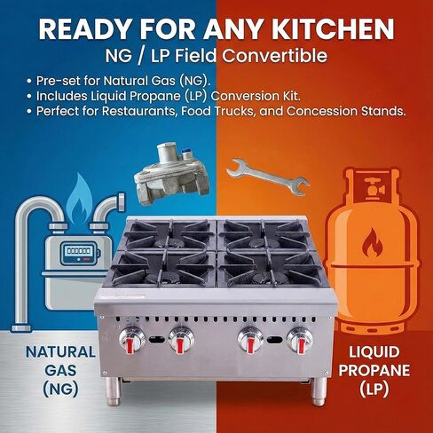 Commercial Gas Hot Plate 24 Inch, 4-Burner Countertop Range 120,000 BTU, Heavy Duty Stainless Steel Stove with Cast Iron Grates, NG/LP Convertible, ETL Listed for Restaurant in Kuwait