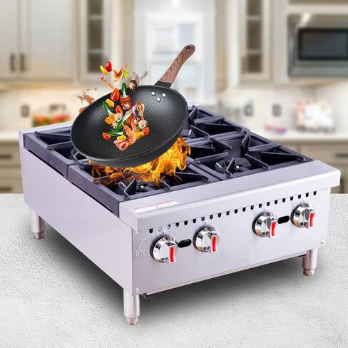 Commercial Gas Hot Plate 24 Inch, 4-Burner Countertop Range 120,000 BTU, Heavy Duty Stainless Steel Stove with Cast Iron Grates, NG/LP Convertible, ETL Listed for Restaurant in Kuwait