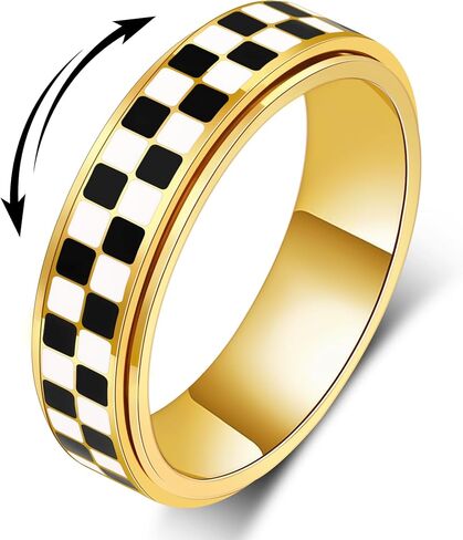Fidget Ring for Anxiety Women Men, Black and White Checkered Pattern Stainless Steel Spinner Jewelry Anxiety Relief Items for Adults Gold Plated/Silver Size 5-11 in Kuwait