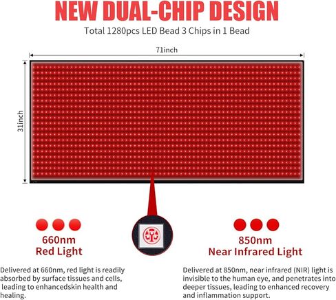 حصيرة العلاج بالضوء الأحمر لتخفيف آلام الجسم، بطانية العلاج بالضوء الأحمر 1280 مصباح LED باللون الأحمر بالقرب من الأشعة تحت الحمراء 660 نانومتر 850 نانومتر، وسادة علاج كاملة للجسم، 71 بوصة × 31 بوصة، وسادة علاج بالضوء الأحمر الكبيرة in Kuwait