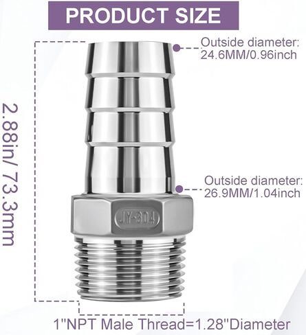 2 عبوة من الفولاذ المقاوم للصدأ 304 مقاس 1 بوصة خرطوم بارب × 1 بوصة تركيب خيط ذكر NPT، موصل عالي التحمل خالٍ من الرصاص مع مشابك خرطوم لأنابيب خرطوم زيت الماء والهواء (عبوتان، 1 بوصة بارب × 1 بوصة NPT) in Kuwait