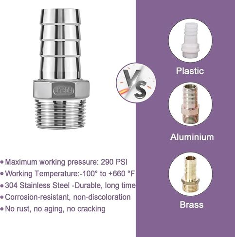 2 عبوة من الفولاذ المقاوم للصدأ 304 مقاس 1 بوصة خرطوم بارب × 1 بوصة تركيب خيط ذكر NPT، موصل عالي التحمل خالٍ من الرصاص مع مشابك خرطوم لأنابيب خرطوم زيت الماء والهواء (عبوتان، 1 بوصة بارب × 1 بوصة NPT) in Kuwait