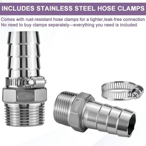 2 عبوة من الفولاذ المقاوم للصدأ 304 مقاس 1 بوصة خرطوم بارب × 1 بوصة تركيب خيط ذكر NPT، موصل عالي التحمل خالٍ من الرصاص مع مشابك خرطوم لأنابيب خرطوم زيت الماء والهواء (عبوتان، 1 بوصة بارب × 1 بوصة NPT) in Kuwait