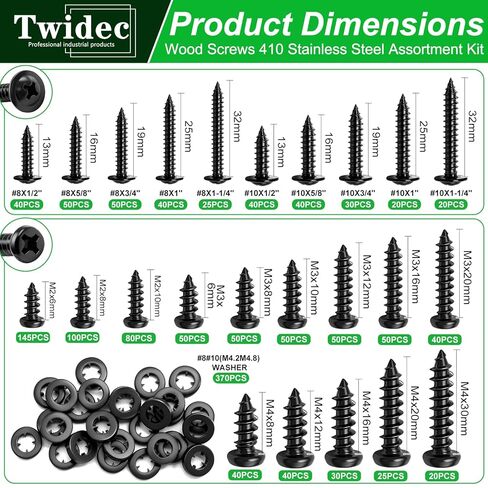 Twidec/1510PCS Wood Screws 410 Stainless Steel Assortment Kit,M2 M3 M4#8#10 Pan Head Wood Screws,Truss Head＆Pan Head Black Self Tapping Screws Set Length(6mm-32mm) for Indoor Furniture,Woodworking in Saudi Arabia