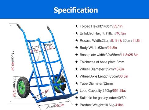 Heavy Duty Oxygen Tank Cylinder Cart Holder, for 40/50L Oxygen Cylinder - Sturdy Steel Oxygen Cart with 13.8 Inflatable Wheels, for Factory, Laboratory,Blue-2tanks in Kuwait