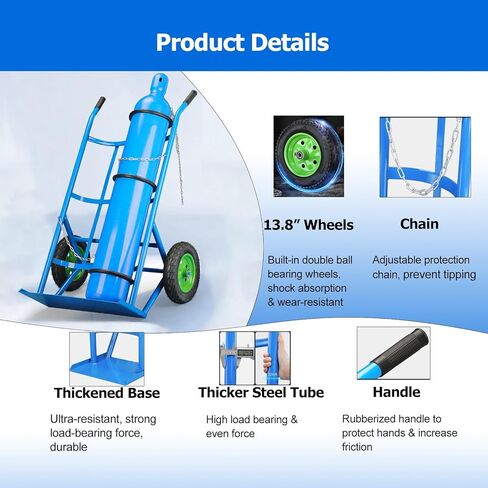 Heavy Duty Oxygen Tank Cylinder Cart Holder, for 40/50L Oxygen Cylinder - Sturdy Steel Oxygen Cart with 13.8 Inflatable Wheels, for Factory, Laboratory,Blue-2tanks in Kuwait