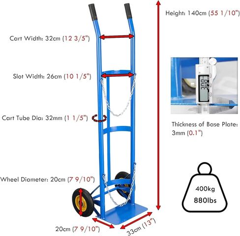 Laboratory/School/Workshops Small Gas Cylinder Cart, Heavy Duty Oxygen Cylinder Rack with Safety Chain, Nitrogen/Acetylene Tanks Trolley Load 440kg/ 880lbs,Height 140cm(55 1/10 in Saudi Arabia
