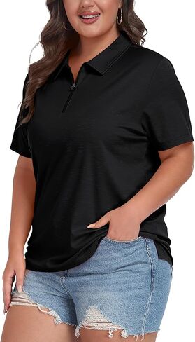 MoFiz Plus Size Zipper Up Golf Polo Shirts for Women Short Sleeve Collared Tennis Workout Tops Casual Activewear XL-5XL in Saudi Arabia
