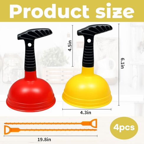 مجموعة مكونة من 4 قطع من غطاس الحوض، ومكبس حوض المطبخ وأدوات فك انسداد تصريف الحمام، تتضمن غطاسين قياسيين و2 منظف تصريف، باللون الأحمر والأصفر in Kuwait