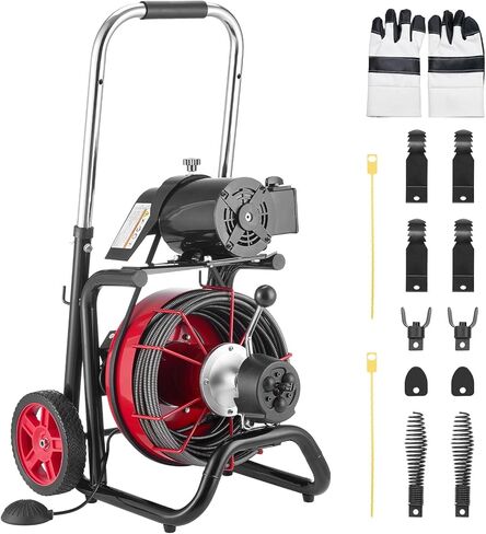 آلة تنظيف الصرف الصحي من VEVOR بطول 100 قدم × 1/2 بوصة، مثقوبة ثعبانية للتغذية التلقائية على العجلات - مع 8 قواطع ومفتاح قدم منشط بالهواء لأنابيب من 2 إلى 6 بوصات in Kuwait