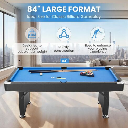 طاولة بلياردو مقاس 84 بوصة، طاولات بلياردو بطول 7 أقدام مع ملحقات، و2 عصا جديلة، وكرات بلياردو، ورف، وفرشاة لباد، وطباشير لأقبية غرفة الألعاب العائلية in Kuwait