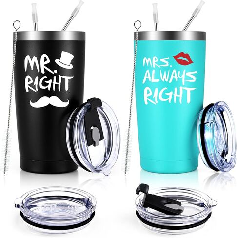 Qtencas Mr. Right Mrs. Always Right Travel Tumbler Set, Wedding Engagement Gifts for Husband Wife Newlywed Couples Bride Groom Anniversary, 20oz Stainless Steel Insulated Tumbler, Black and Mint in Saudi Arabia