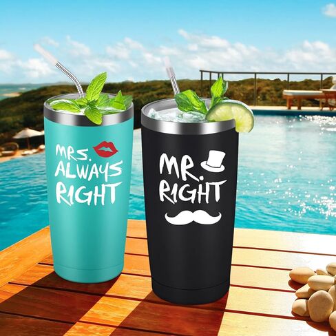 Qtencas Mr. Right Mrs. Always Right Travel Tumbler Set, Wedding Engagement Gifts for Husband Wife Newlywed Couples Bride Groom Anniversary, 20oz Stainless Steel Insulated Tumbler, Black and Mint in Saudi Arabia