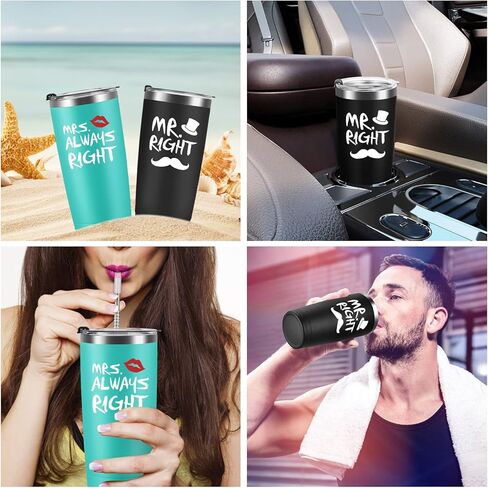 Qtencas Mr. Right Mrs. Always Right Travel Tumbler Set, Wedding Engagement Gifts for Husband Wife Newlywed Couples Bride Groom Anniversary, 20oz Stainless Steel Insulated Tumbler, Black and Mint in Saudi Arabia